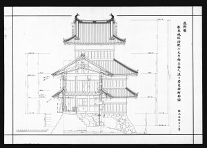 松本城竣功乾小天守南立面及び渡り櫓東西断面図